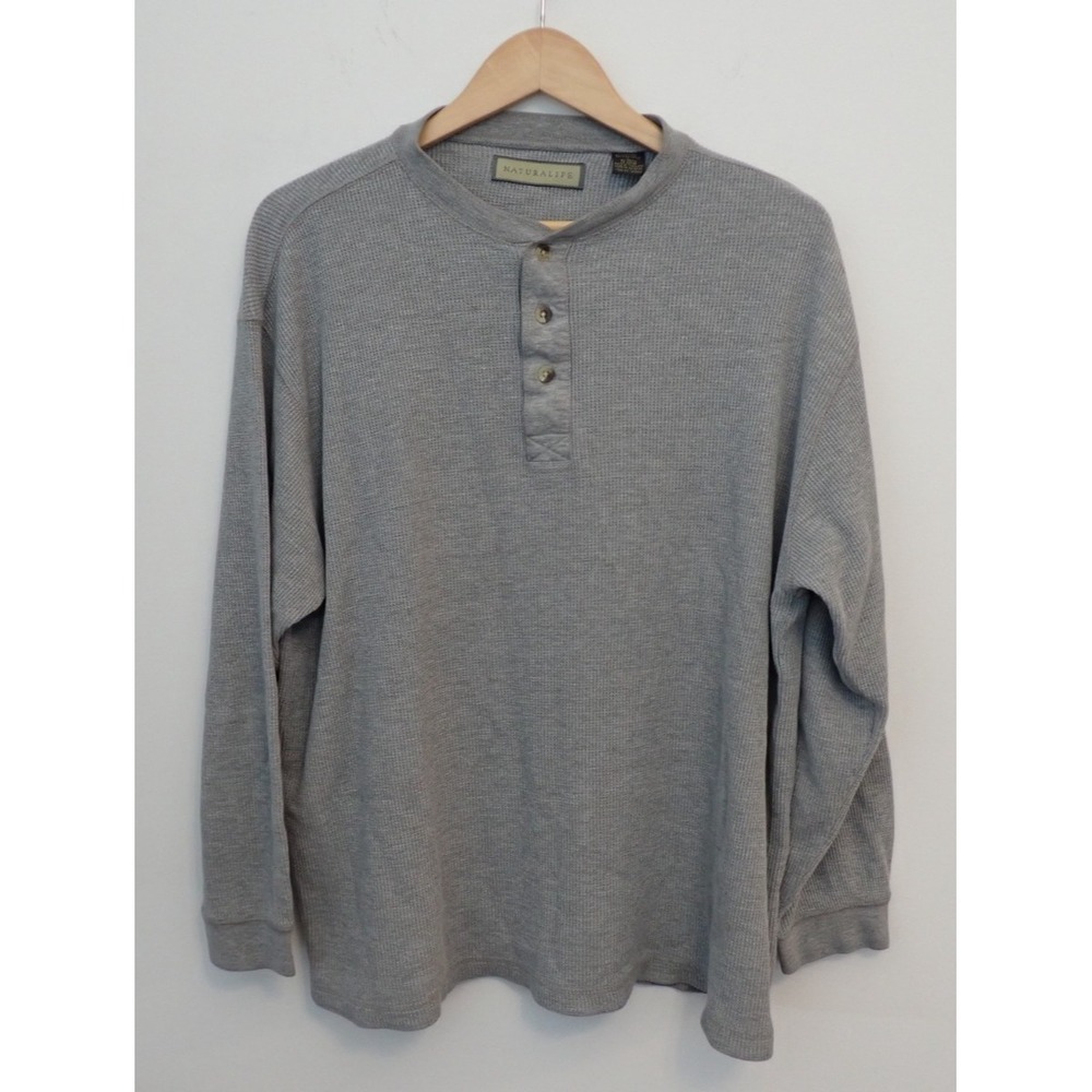 Naturalife Vintage 90s Waffle-Knit Henley Shirt Mens L Gray Boxy Heavy Cotton